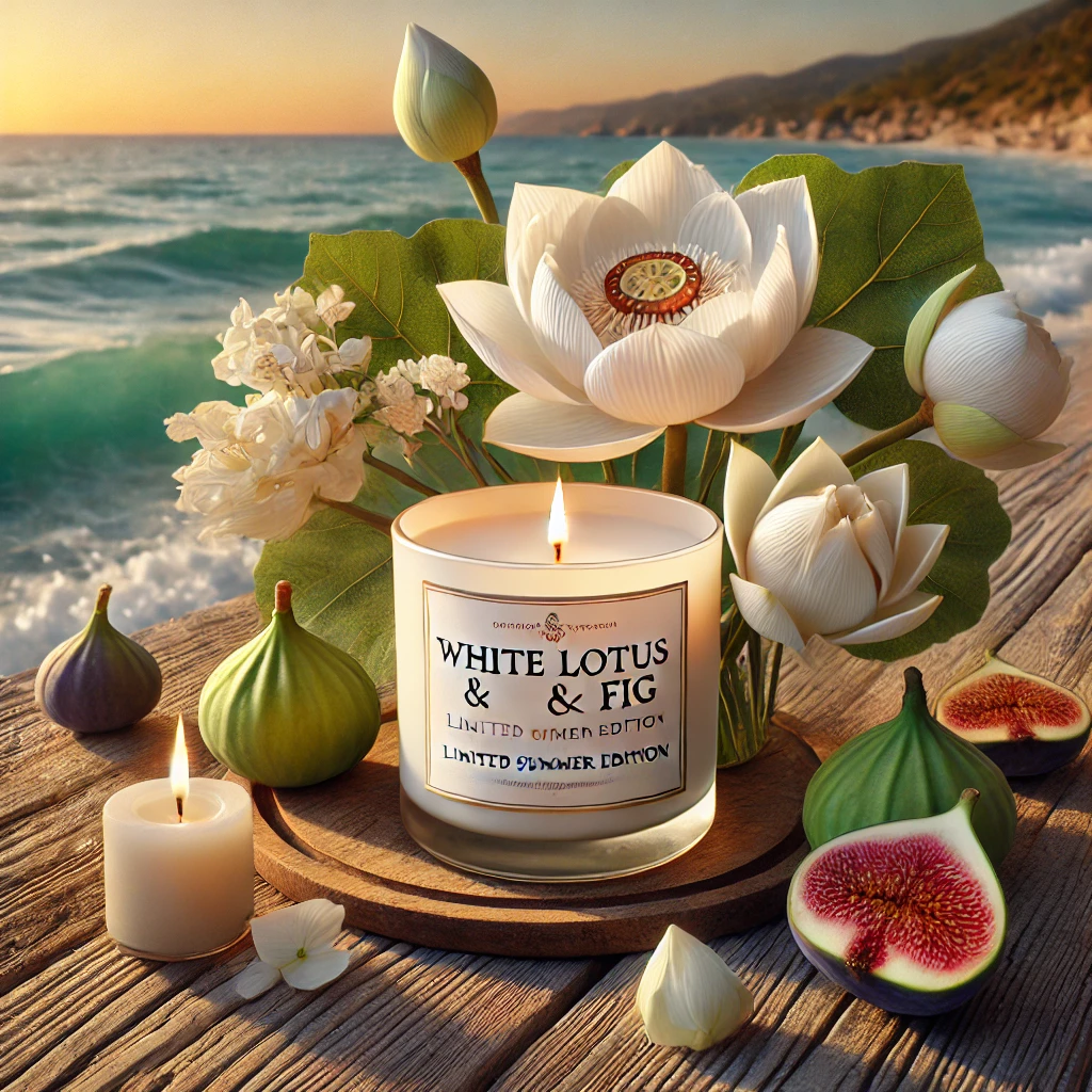 DALL·E 2025-02-21 04.45.17 - A luxurious scented candle labeled 'White Lotus & Fig – Limited Summer Edition' on a rustic wooden table near the Mediterranean coast. The candle is s Lotus & Fig scented candle, vela de higo y la flor de loto blanco